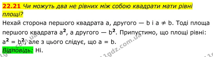 22.21 Чи можуть два не рівних між собою квадрати мати рівні площі? — ГДЗ Геометрія 8 клас Істер