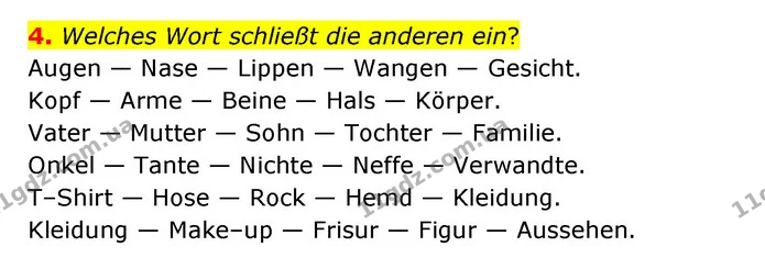 4. Welches Wort schließt die anderen ein? — ГДЗ Німецька мова 8 клас Сидоренко