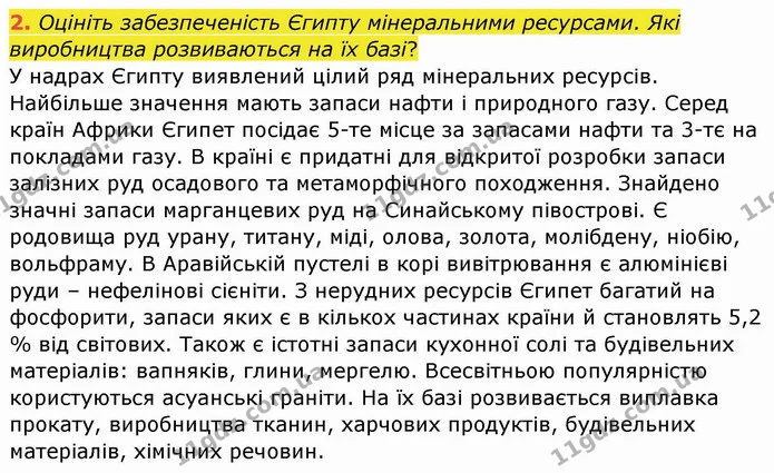 2. Оцініть забезпеченість Єгипту мінеральними ресурсами. Які виробництва розвиваються на їх базі? — ГДЗ Географія 10 клас Бойко