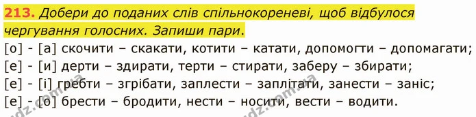 213. Добери до поданих слів спільнокореневі, щоб відбулося чергування голосних. Запиши пари. — ГДЗ Українська мова 5 клас Онатій