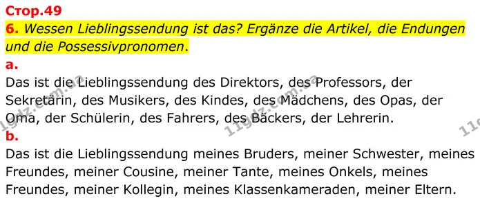 6. Wessen Lieblingssendung ist das? Ergänze die Artikel, die Endungen und die Possessivpronomen. — ГДЗ робочий зошит Німецька мова 8 клас Басай