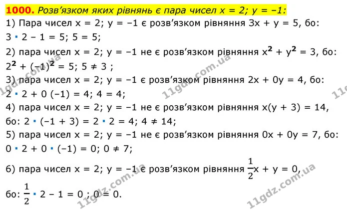 1000. Розв’язком яких рівнянь є пара чисел х = 2; у = –1: — ГДЗ Алгебра 7 клас Істер 2020