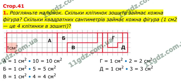 1. Розгляньте малюнок. Скільки клітинок зошита займає кожна фігура? Скільки квадратних сантиметрів займає кожна фігура (1 см2 — це 4 — ГДЗ Математика 4 клас Логачевська 1-2 ч. 2021