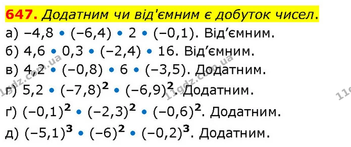 647. Додатним чи від'ємним є добуток чисел. — ГДЗ Математика 6 клас Бевз 1-2 ч.