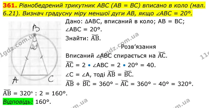 361. Рівнобедрений трикутник ABC (AB = BC) вписано в коло (мал. 6.21). Визнач градусну міру меншої дуги AB, якщо ∠ABC = 20°. — ГДЗ Геометрія 8 клас Бевз