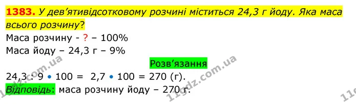 1383. У дев’ятивідсотковому розчині міститься 24,3 г йоду. Яка маса всього розчину? — ГДЗ Математика 5 клас Тарасенкова 2022