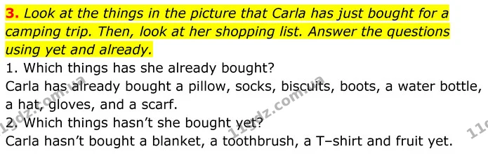 3. Look at the things in the picture that Carla has just bought for a camping trip. Then, look at her shopping list. Answer the — ГДЗ Англійська мова 7 клас Коста