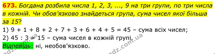 673. Богдана розбила числа 1, 2, 3, ..., 9 на три групи, по три числа в кожній. Чи обов’язково знайдеться група, сума чисел якої більша — ГДЗ Математика 6 клас Кравчук 2023