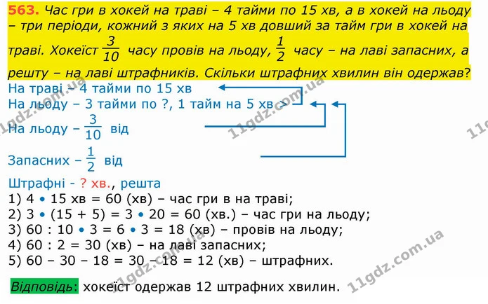563. Час гри в хокей на траві – 4 тайми по 15 хв, а в хокей на льоду – три періоди, кожний з яких на 5 хв довший за тайм гри в хокей на — ГДЗ Математика 4 клас Лишенко 1-2 ч.