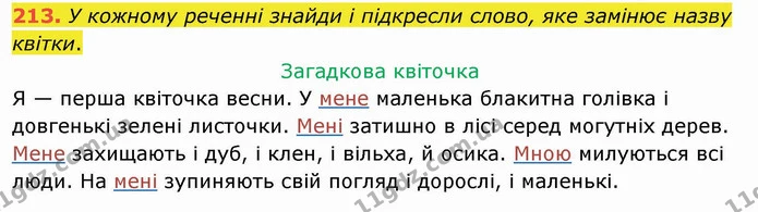 213. У кожному реченні знайди і підкресли слово, яке замінює назву квітки. — ГДЗ Українська мова та читання 4 клас Коваленко