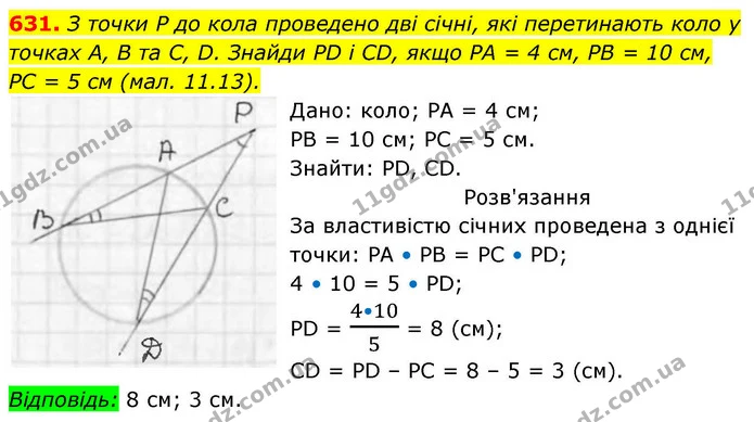 631. З точки P до кола проведено дві січні, які перетинають коло у точках А, В та С, D. Знайди PD і CD, якщо PA = 4 см, PB = 10 см, — ГДЗ Геометрія 8 клас Бевз