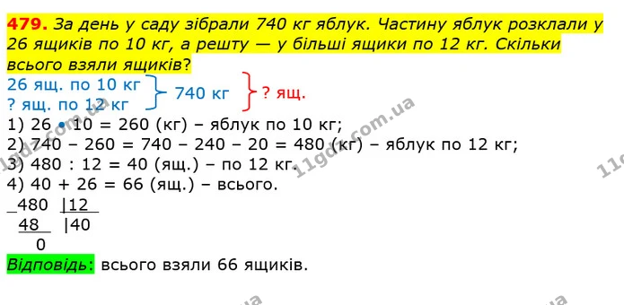 479. За день у саду зібрали 740 кг яблук. Частину яблук розклали у 26 ящиків по 10 кг, а решту — у більші ящики по 12 кг. Скільки — ГДЗ Математика 4 клас Лишенко 1-2 ч.