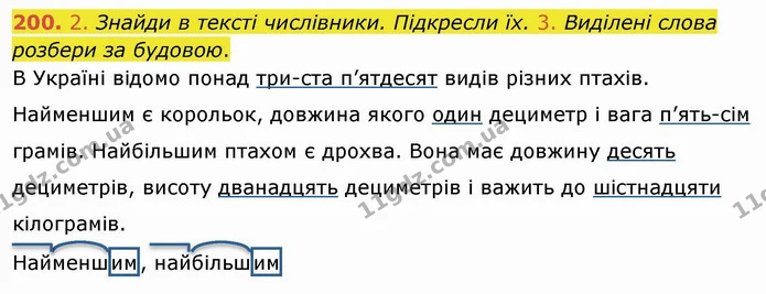 200. 2. Знайди в тексті числівники. Підкресли їх. 3. Виділені слова розбери за будовою. — ГДЗ Українська мова та читання 4 клас Коваленко