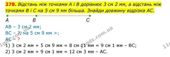 278. Відстань між точками А і В дорівнює 3 см 2 мм, а відстань між точками В і С на 5 см 9 мм більша. Знайди довжину відрізка АС. — ГДЗ Математика 4 клас Бевз 1 та 2 частини
