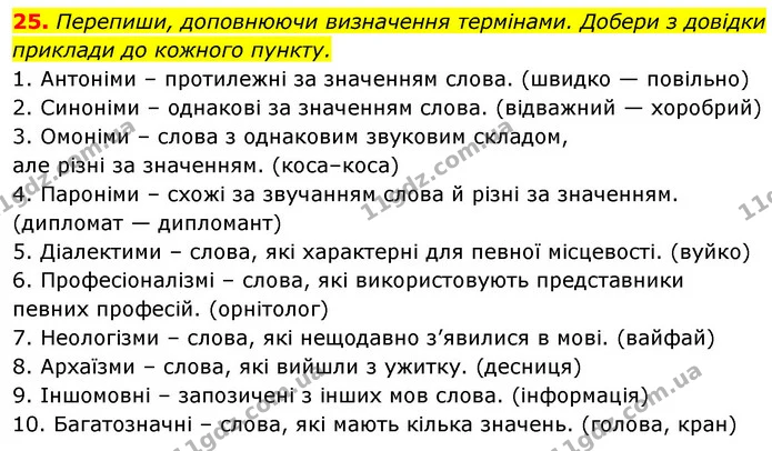 25. Перепиши, доповнюючи визначення термінами. Добери з довідки приклади до кожного пункту. — ГДЗ Українська мова 6 клас Онатій