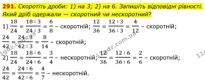 291. Скоротіть дроби: 1) на 3; 2) на 6. Запишіть відповідні рівності. Який дріб одержали — скоротний чи нескоротний? — ГДЗ Математика 6 клас Тарасенкова 2023 1-2 ч.