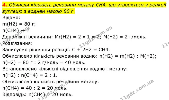4. Обчисли кількість речовини метану СН4, що утвориться у реакції вуглецю з воднем масою 80 г. — ГДЗ Хімія 8 клас Ярошенко
