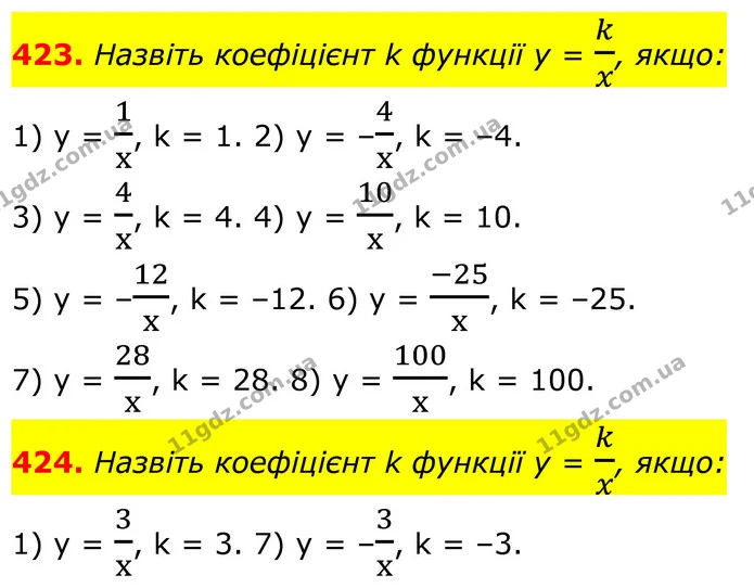 423. Назвіть коефіцієнт k функції у = kx, якщо: — ГДЗ Алгебра 8 клас Тарасенкова