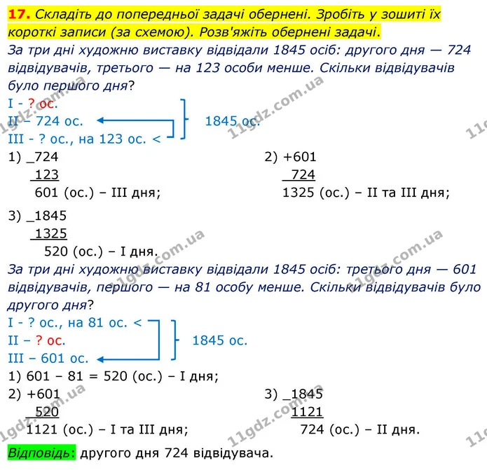 17. Складіть до попередньої задачі обернені. Зробіть у зошиті їх короткі записи (за схемою). Розв'яжіть обернені задачі. — ГДЗ Математика 4 клас Логачевська 1 та 2 частини