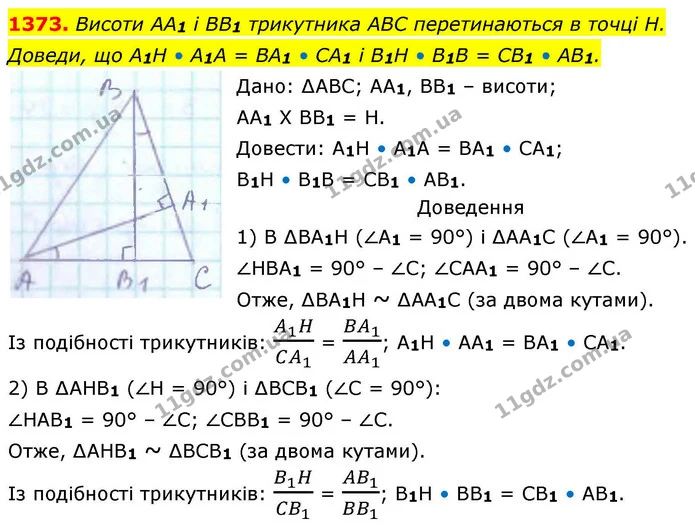1373. Висоти АА1 і ВВ1 трикутника АВС перетинаються в точці Н. Доведи, що А1Н • А1А = ВА1 • СА1 і В1Н • В1В = СВ1 • АВ1. — ГДЗ Геометрія 8 клас Бевз
