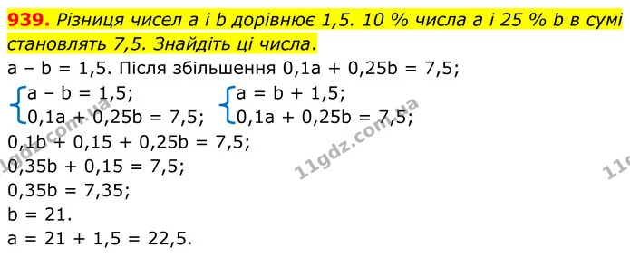 939. Різниця чисел а і b дорівнює 1,5. 10 % числа а і 25 % b в сумі становлять 7,5. Знайдіть ці числа. — ГДЗ Алгебра 7 клас Тарасенкова 2024