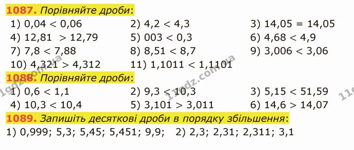 1087. Порівняйте дроби: — ГДЗ Математика 5 клас Тарасенкова 2022