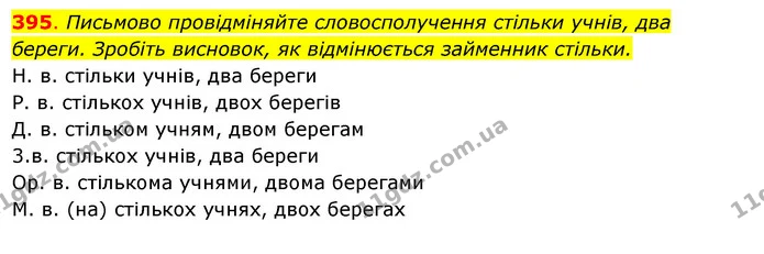 395. Письмово провідміняйте словосполучення стільки учнів, два береги. Зробіть висновок, як відмінюється займенник стільки. — ГДЗ Українська мова 6 клас Ворон, Солопенко