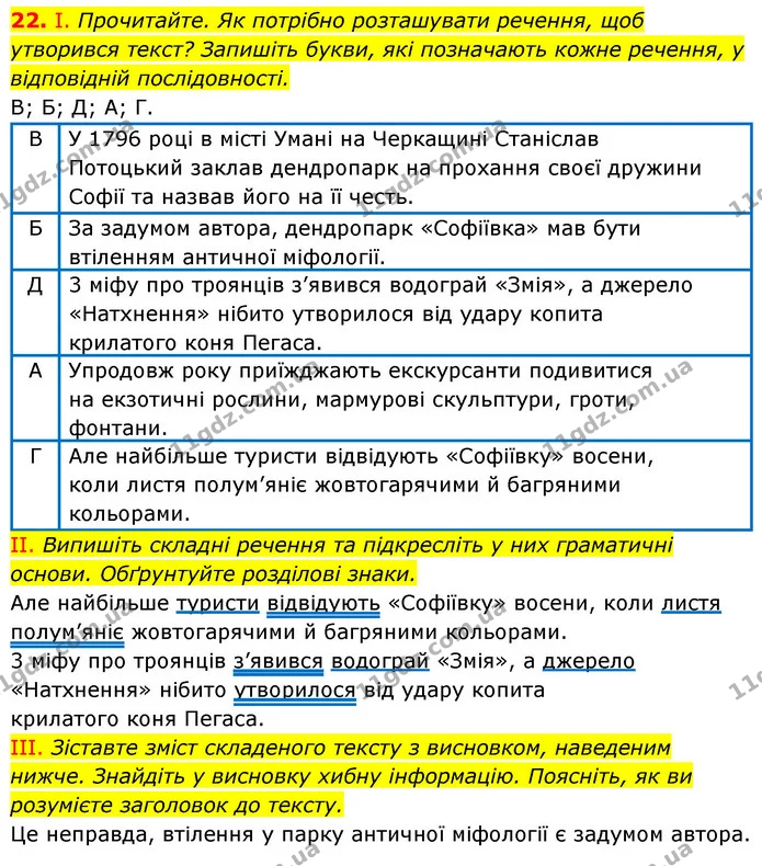 22. І. Прочитайте. Як потрібно розташувати речення, щоб утворився текст? Запишіть букви, які позначають кожне речення, у відповідній — ГДЗ Українська мова 6 клас Заболотний 2023