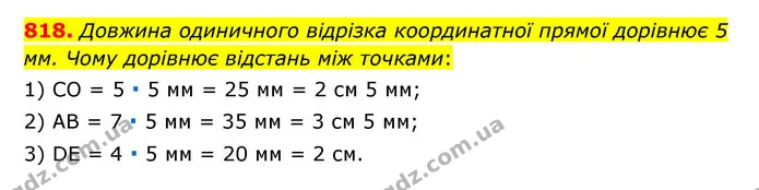 818. Довжина одиничного відрізка координатної прямої дорівнює 5 мм. Чому дорівнює відстань між точками: — ГДЗ Математика 6 клас Мерзляк 2023 1-2 ч.