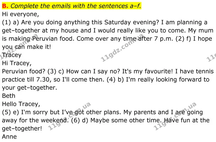 B. Complete the emails with the sentences a–f. — ГДЗ робочий зошит Англійська мова 7 клас Мітчелл