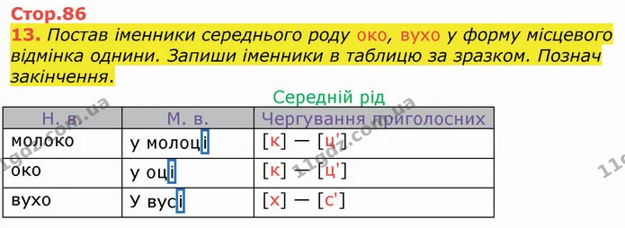 13. Постав іменники середнього роду око, вухо у форму місцевого відмінка однини. Запиши іменники в таблицю за зразком. Познач — ГДЗ Українська мова 4 клас Вашуленко 2021 (1 частина)