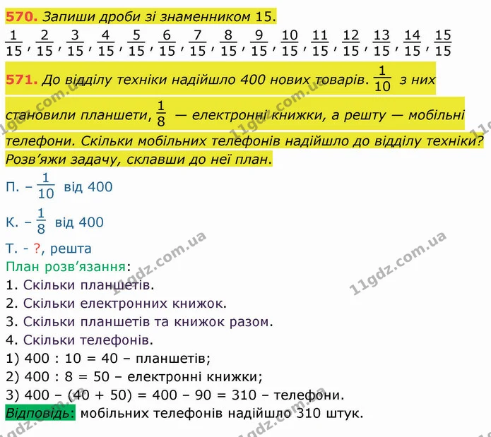 570. Запиши дроби зі знаменником 15. — ГДЗ Математика 4 клас Оляницька