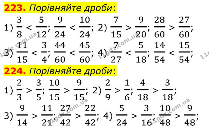 223. Порівняйте дроби: — ГДЗ Математика 6 клас Кравчук 2023