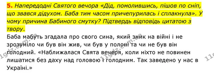5. Напередодні Святого вечора «Дід, помолившись, пішов по сніп, що звався дідухом. Баба тим часом причепурилась і сплакнула». У чому — ГДЗ Українська література 6 клас Коваленко 2023