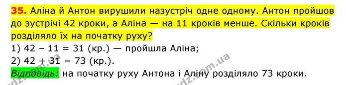 35. Аліна й Антон вирушили назустріч одне одному. Антон пройшов до зустрічі 42 кроки, а Аліна — на 11 кроків менше. Скільки кроків — ГДЗ Математика 3 клас Будна 1-2 ч.