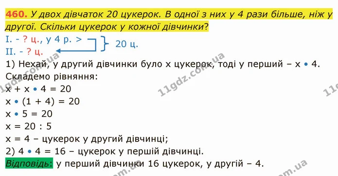 460. У двох дівчаток 20 цукерок. В одної з них у 4 рази більше, ніж у другої. Скільки цукерок у кожної дівчинки? — ГДЗ Математика 4 клас Лишенко 1-2 ч.