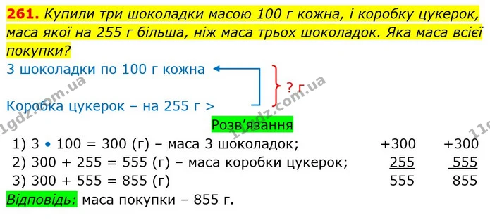 261. Купили три шоколадки масою 100 г кожна, і коробку цукерок, маса якої на 255 г більша, ніж маса трьох шоколадок. Яка маса всієї — ГДЗ Математика 3 клас Листопад 1-2 ч.