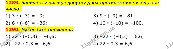 1289. Запишіть у вигляді добутку двох протилежних чисел дане число: — ГДЗ Математика 6 клас Тарасенкова 2023 1-2 ч.