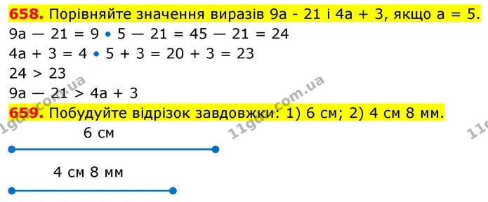 658. Порівняйте значення виразів 9а - 21 і 4а + 3, якщо а = 5. — ГДЗ Математика 5 клас Кравчук