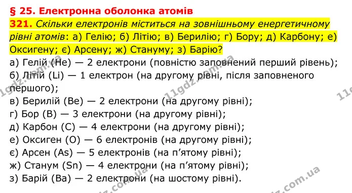 321. Скільки електронів міститься на зовнішньому енергетичному рівні атомів: а) Гелію; б) Літію; в) Берилію; г) Бору; д) Карбону; е) — ГДЗ Хімія 8 клас Григорович
