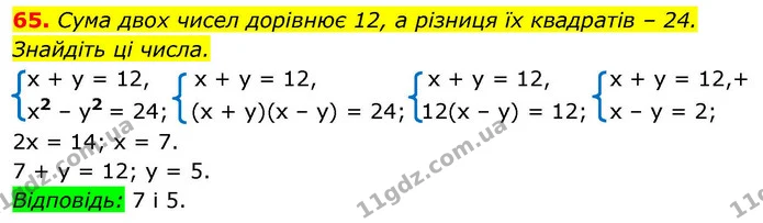 65. Сума двох чисел дорівнює 12, а різниця їх квадратів – 24. Знайдіть ці числа. — ГДЗ Алгебра 9 клас Істер