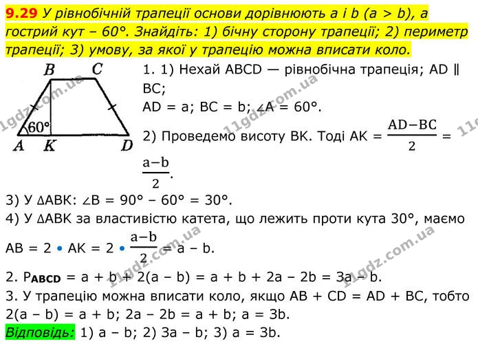 9.29 У рівнобічній трапеції основи дорівнюють а і b (а > b), а гострий кут – 60°. Знайдіть: 1) бічну сторону трапеції; 2) периметр — ГДЗ Геометрія 8 клас Істер