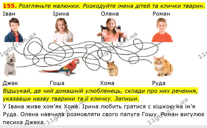155. Розгляньте малюнки. Розкодуйте імена дітей та клички тварин. — ГДЗ Українська мова та читання 3 клас Захарійчук 2020