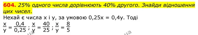 604. 25% одного числа дорівнюють 40% другого. Знайди відношення цих чисел. — ГДЗ Математика 6 клас Істер