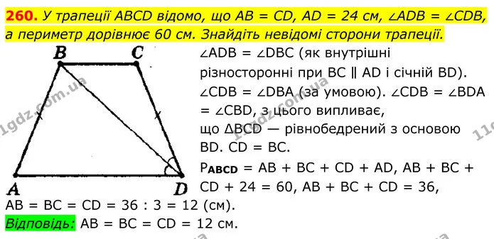 260. У трапеції ABCD відомо, що AB = CD, AD = 24 см, ∠ADB = ∠CDB, а периметр дорівнює 60 см. Знайдіть невідомі сторони трапеції. — ГДЗ Геометрія 8 клас Мерзляк