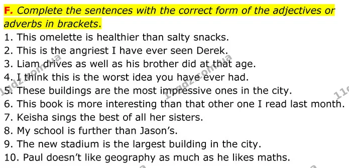 F. Complete the sentences with the correct form of the adjectives or adverbs in brackets. — ГДЗ граматика Англійська мова 7 клас Мітчелл