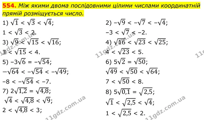 554. Між якими двома послідовними цілими числами координатній прямій розміщується число. — ГДЗ Алгебра 8 клас Тарасенкова