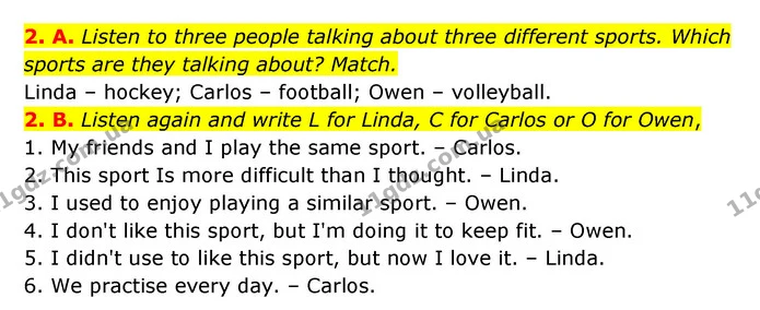 2. A. Listen to three people talking about three different sports. Which sports are they talking about? Match. — ГДЗ Англійська мова 6 клас Мітчелл