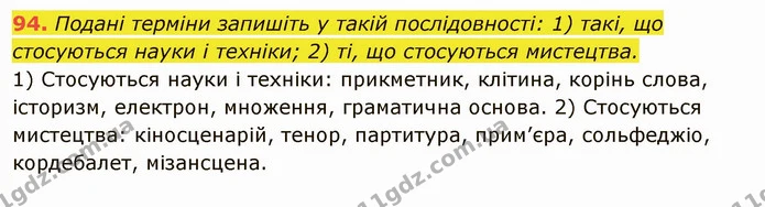 94. Подані терміни запишіть у такій послідовності: 1) такі, що стосуються науки і техніки; 2) ті, що стосуються мистецтва. — ГДЗ Українська мова 6 клас Глазова