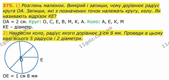 375. 1) Розглянь малюнок. Виміряй і запиши, чому дорівнює радіус круга ОА. Запиши, які з позначених точок належать кругу, колу. Як — ГДЗ Математика 4 клас Лишенко 1-2 ч.